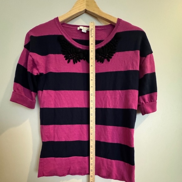 Fuchsia/Navy Striped Boden Sweater 1/2 Sleeve Neckline Embellishment - Picture 4 of 5